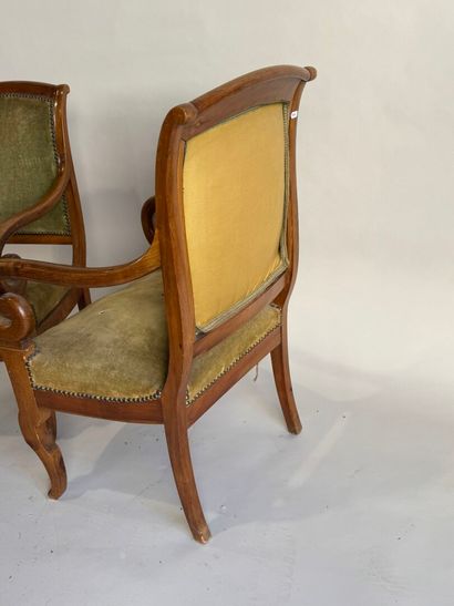 Pair of fruitwood armchairs, scrolled armrests,...