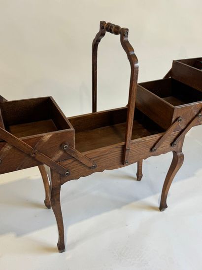 Oak workbench with folding drawers, compartmentalized...