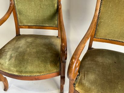 Pair of fruitwood armchairs, scrolled armrests,...
