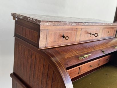 Cylinder desk in veneer and chevron inlay,...