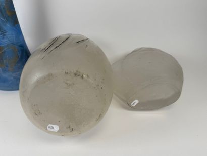 Three glass vases, one painted with flowers,...