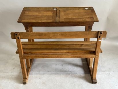 Light wood double school desk with two porcelain...
