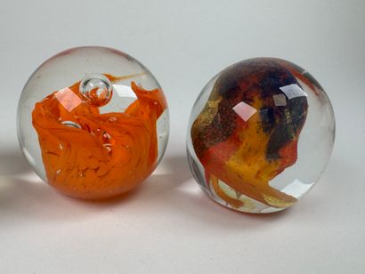 Three sulfur balls or paperweights in colored...