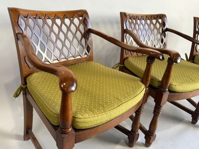 Set of three armchairs in natural wood, with...