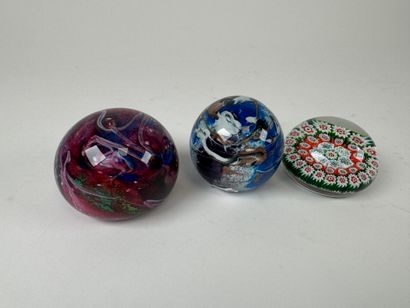 Suite of three sulfides, one with millefiori...