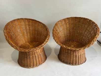 Three wicker armchairs, wraparound back and...