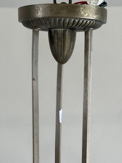 Metal and pressed glass chandelier with stylized...