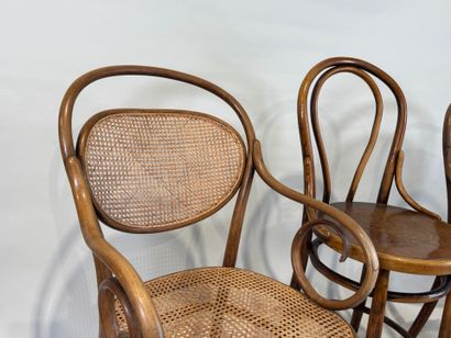 THONET.
Pair of bentwood armchairs, caned...