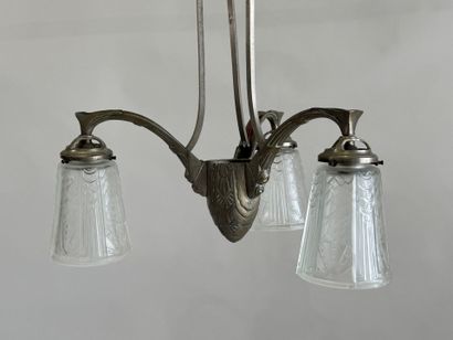 Metal and pressed glass chandelier with stylized...