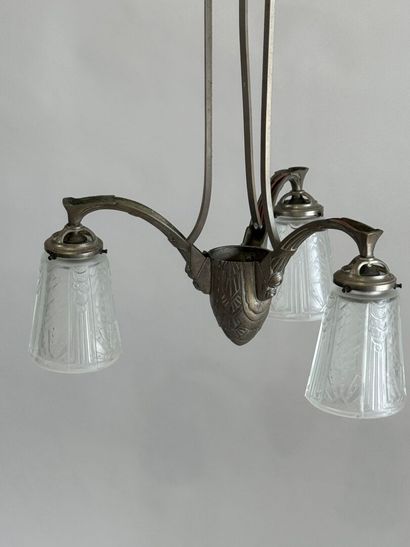 Metal and pressed glass chandelier with stylized...