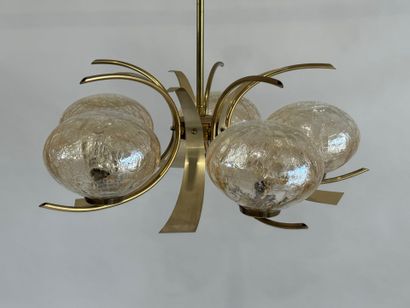 Brass and colored glass chandelier with 5...