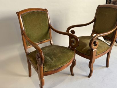 Pair of fruitwood armchairs, scrolled armrests,...