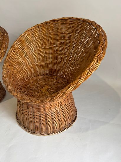 Three wicker armchairs, wraparound back and...