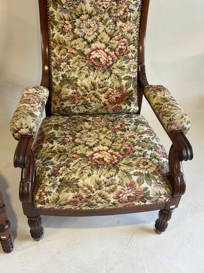 Two mahogany and oak molded and carved armchairs,...