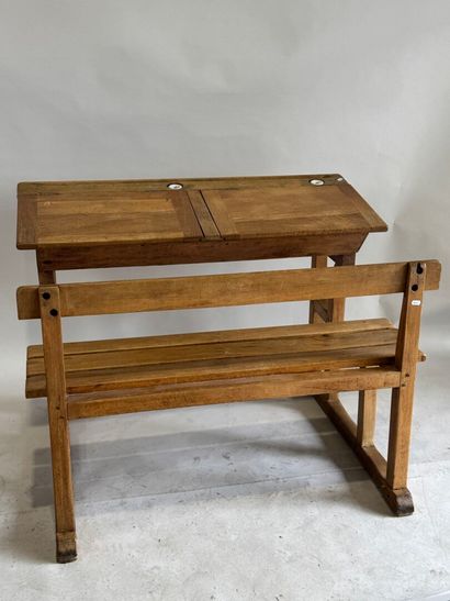 Light wood double school desk with two porcelain...