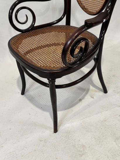 KOHN Stained bentwood armchair, cane seat....