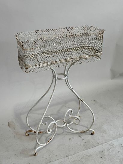 White lacquered metal planter, scrolled base,...
