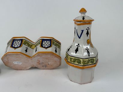 Polychrome earthenware oil and vinegar cruet...