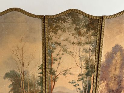 Three-leaf silk screen painted with a bucolic...