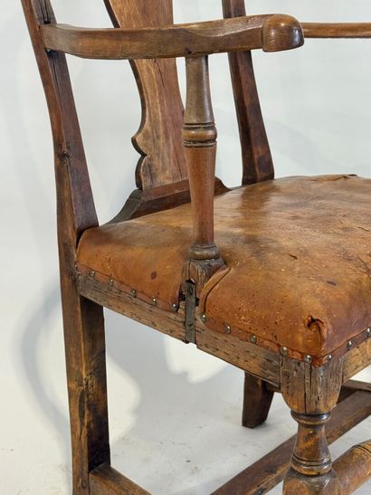 Molded wood armchair, leather seat, H-shaped...