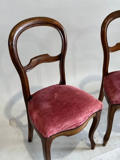 Pair of molded walnut chairs with pink velvet...