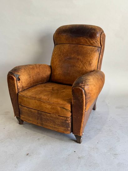 Club armchair in havana leather with arched...