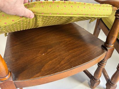 Set of three armchairs in natural wood, with...