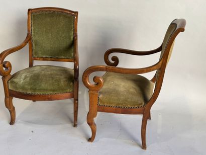 Pair of fruitwood armchairs, scrolled armrests,...