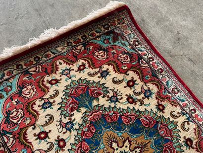 GHOUM. 
Hand-knotted polychrome silk carpet...