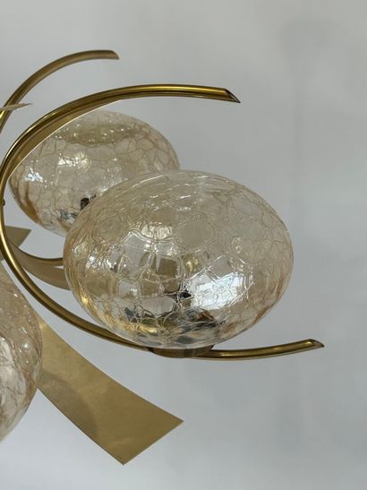 Brass and colored glass chandelier with 5...