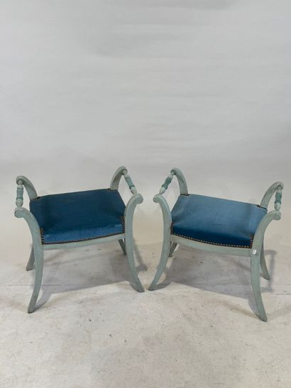 Pair of molded wood and blue lacquered stools,...