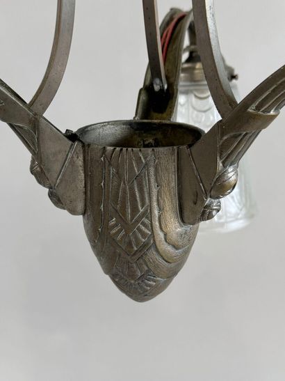 Metal and pressed glass chandelier with stylized...