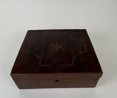 Wooden and marquetry token box, the lid decorated...