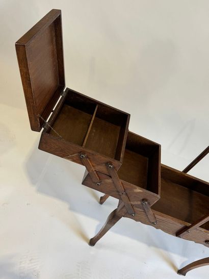Oak workbench with folding drawers, compartmentalized...