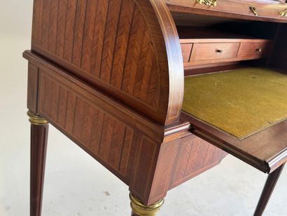 Cylinder desk in veneer and chevron inlay,...