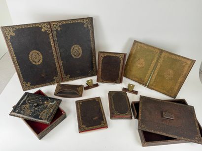 Leather desk set with gold embossed foliate...