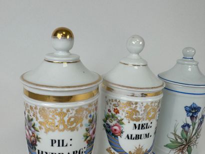 Suite of three enameled porcelain medicine...