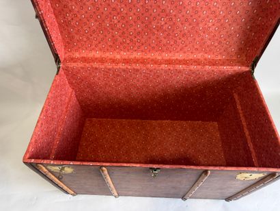 Wooden trunk, leather-covered and reinforced...