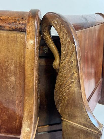 Mahogany veneered bed, the uprights decorated...