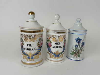Suite of three enameled porcelain medicine...
