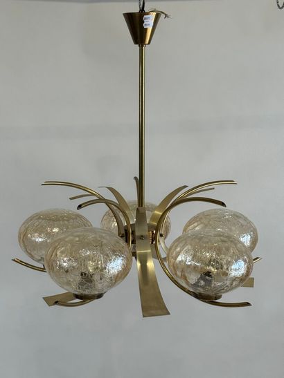 Brass and colored glass chandelier with 5...