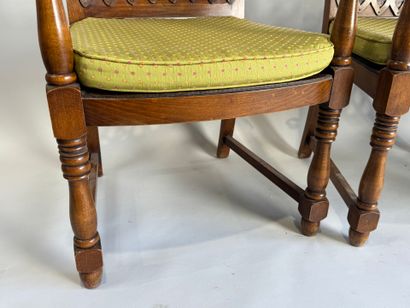 Set of three armchairs in natural wood, with...