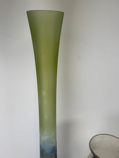 Three glass vases, one painted with flowers,...