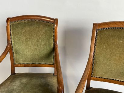 Pair of fruitwood armchairs, scrolled armrests,...