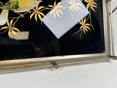 Rectangular tray with two metal and glass...