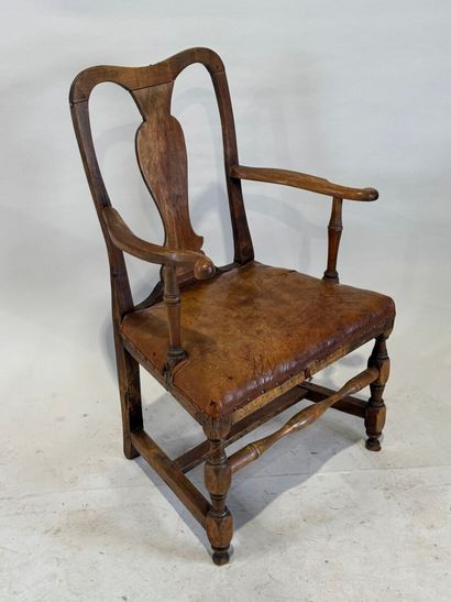 Molded wood armchair, leather seat, H-shaped...