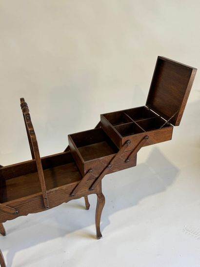 Oak workbench with folding drawers, compartmentalized...