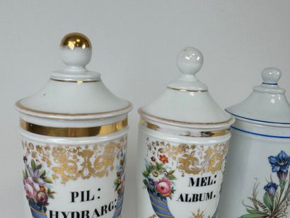 Suite of three enameled porcelain medicine...