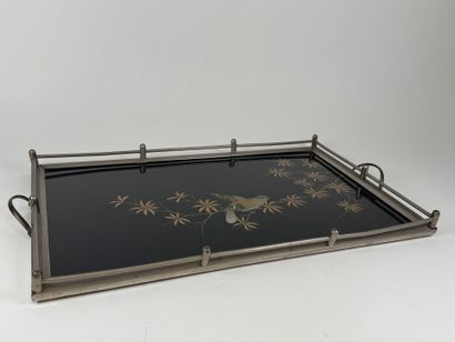 Rectangular tray with two metal and glass...