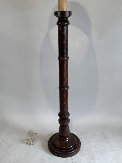 Turned wood floor lamp with gold stylized...